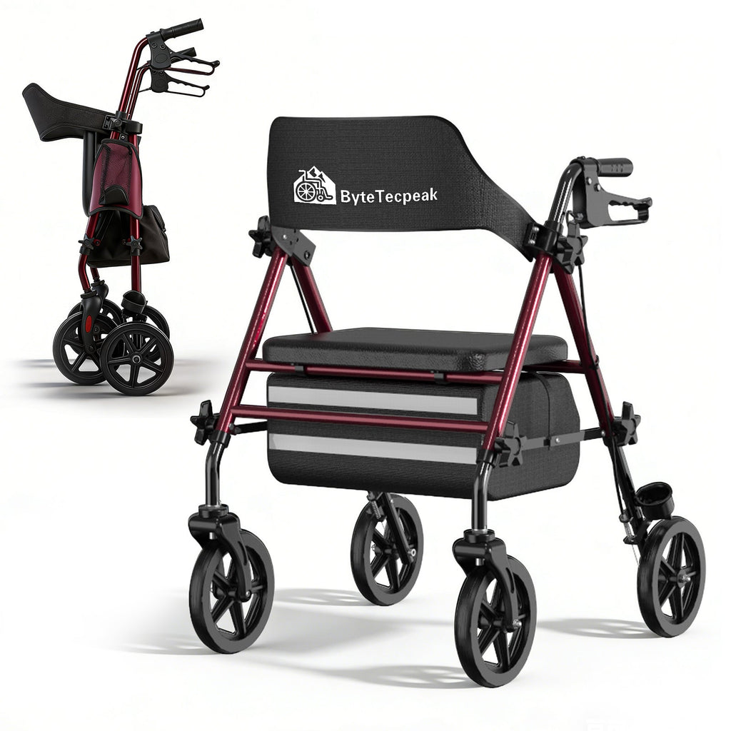 ByteTecpeak R4 Leichter faltbarer Rollator mit Sitz, höhenverstellbar, mit Bremsen und Tasche, bis 100 kg belastbar