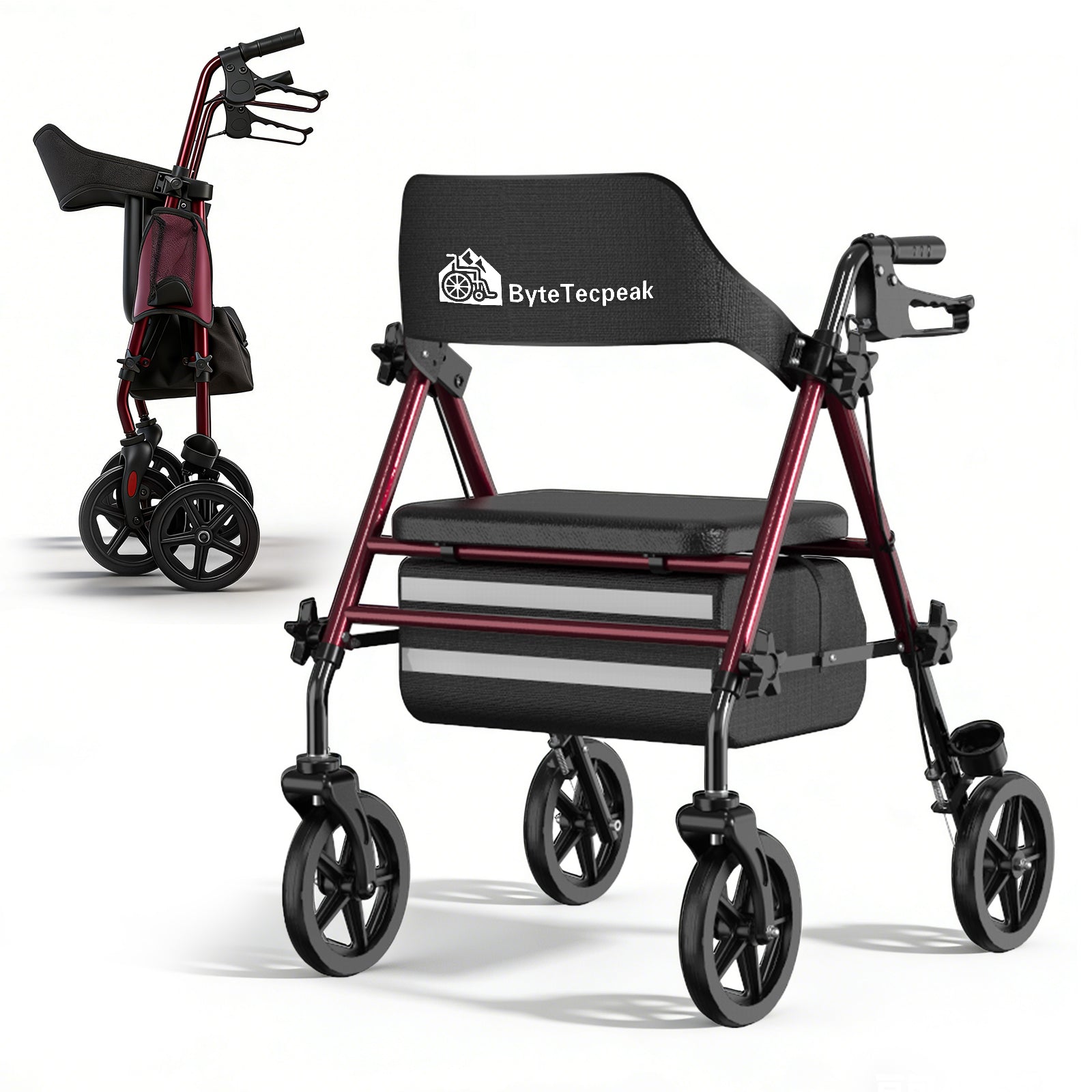 ByteTecpeak R4 Leichter faltbarer Rollator mit Sitz, höhenverstellbar, mit Bremsen und Tasche, bis 100 kg belastbar