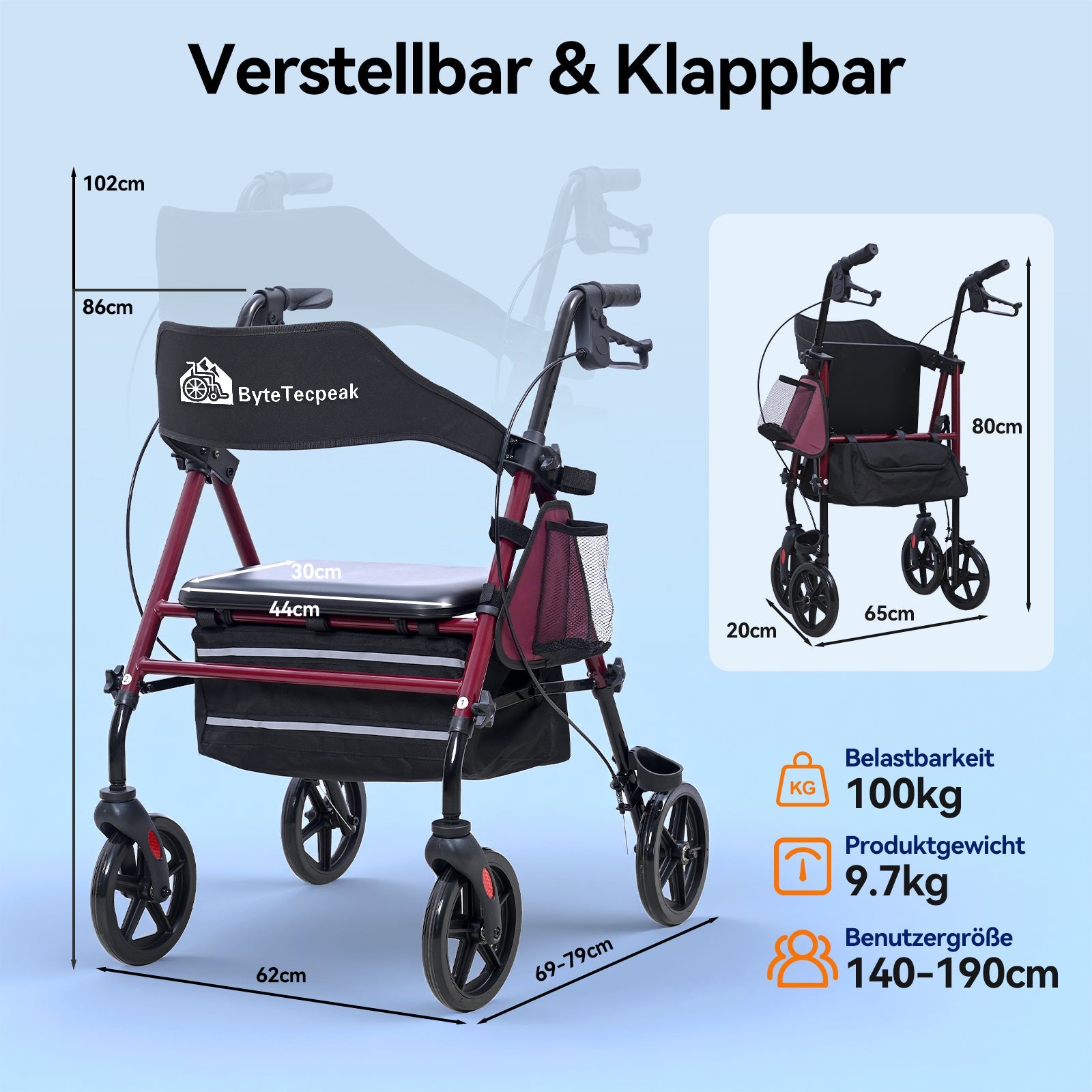 ByteTecpeak R4 Leichter faltbarer Rollator mit Sitz, höhenverstellbar, mit Bremsen und Tasche, bis 100 kg belastbar