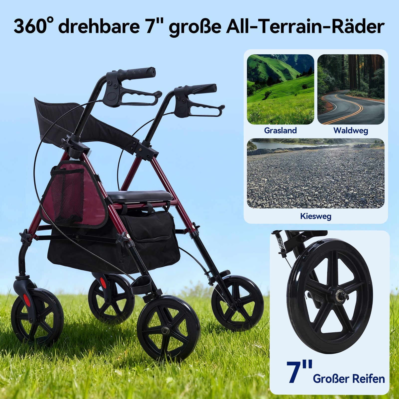 ByteTecpeak R4 Leichter faltbarer Rollator mit Sitz, höhenverstellbar, mit Bremsen und Tasche, bis 100 kg belastbar