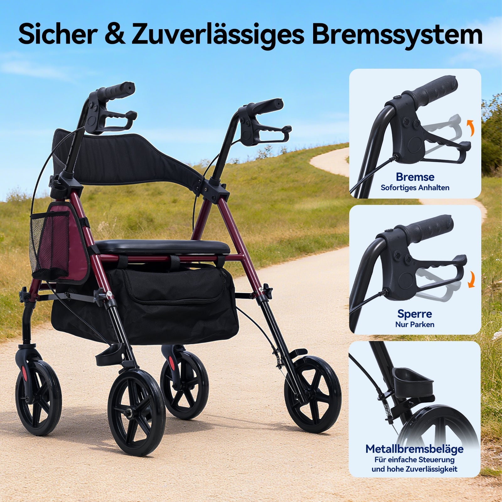 ByteTecpeak R4 Leichter faltbarer Rollator mit Sitz, höhenverstellbar, mit Bremsen und Tasche, bis 100 kg belastbar