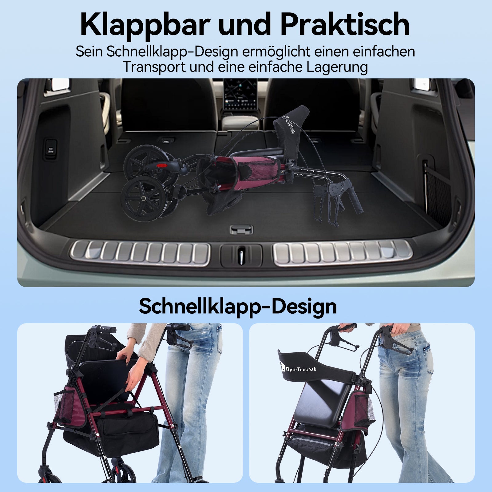 ByteTecpeak R4 Leichter faltbarer Rollator mit Sitz, höhenverstellbar, mit Bremsen und Tasche, bis 100 kg belastbar