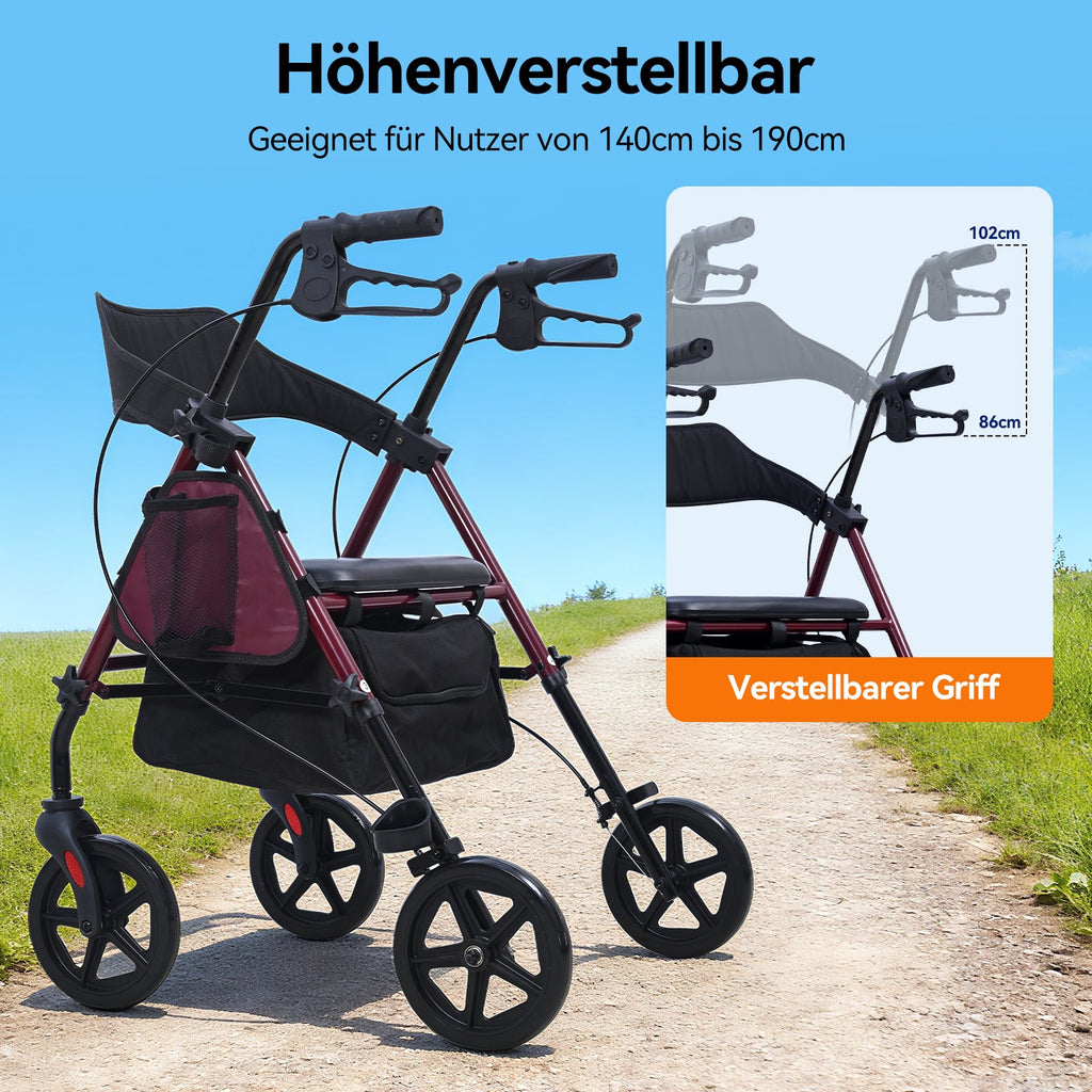 ByteTecpeak R4 Leichter faltbarer Rollator mit Sitz, höhenverstellbar, mit Bremsen und Tasche, bis 100 kg belastbar