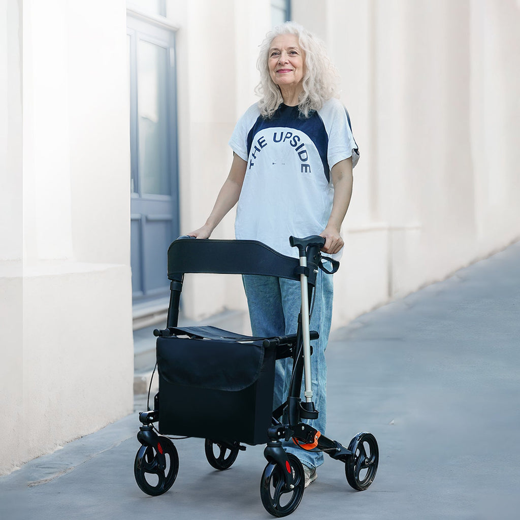 ByteTecpeak R1 Leichter faltbarer Rollator mit Sitz, höhenverstellbar, nur 8 kg, bis 100 kg belastbar, mit Einkaufstasche