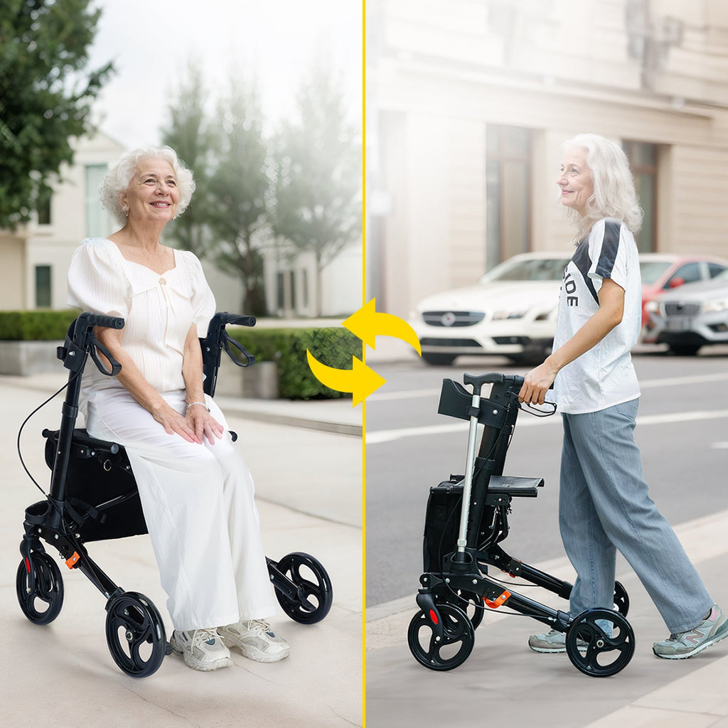 ByteTecpeak R1 Leichter faltbarer Rollator mit Sitz, höhenverstellbar, nur 8 kg, bis 100 kg belastbar, mit Einkaufstasche