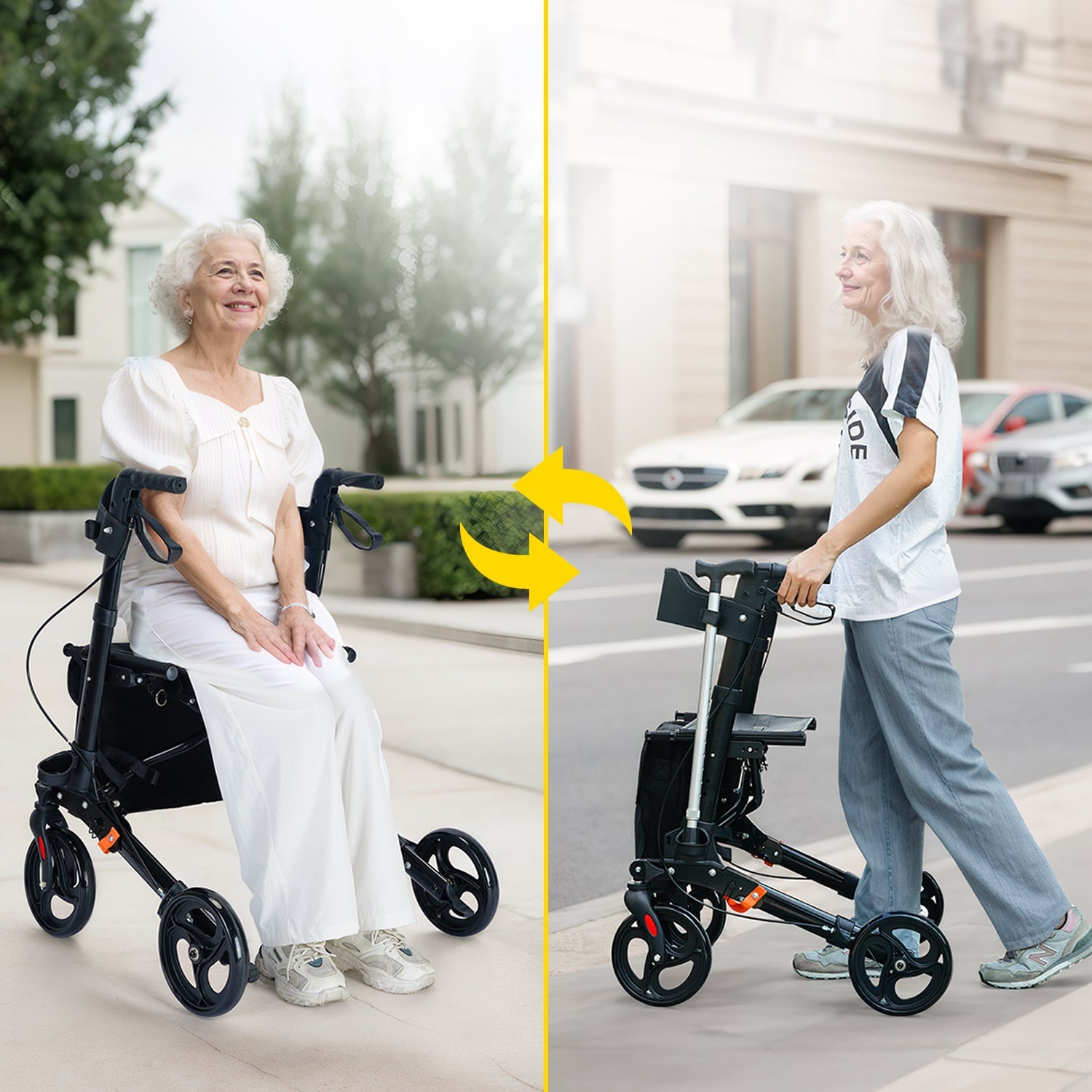 ByteTecpeak R1 Leichter faltbarer Rollator mit Sitz, höhenverstellbar, nur 8 kg, bis 100 kg belastbar, mit Einkaufstasche
