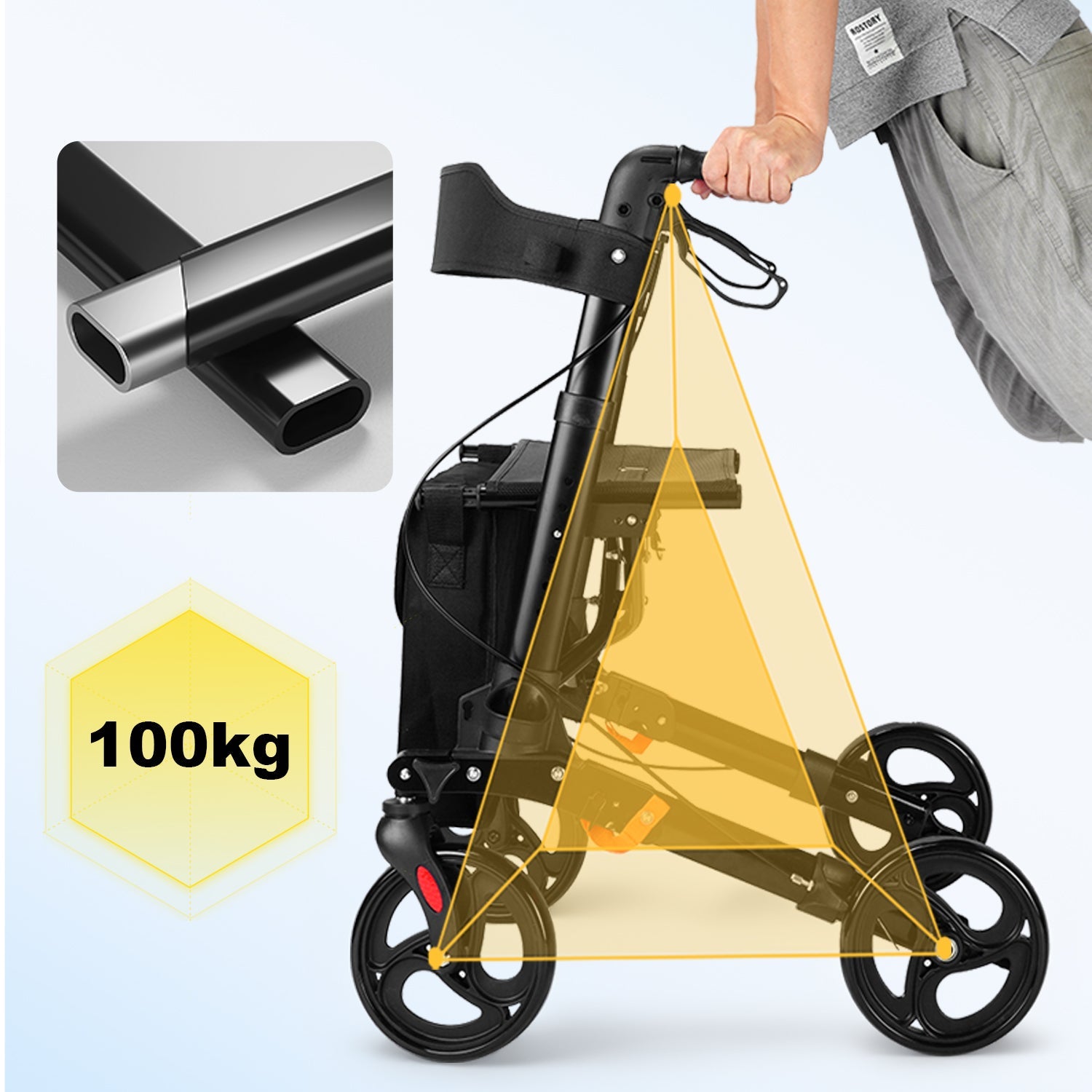 ByteTecpeak R1 Leichter faltbarer Rollator mit Sitz, höhenverstellbar, nur 8 kg, bis 100 kg belastbar, mit Einkaufstasche