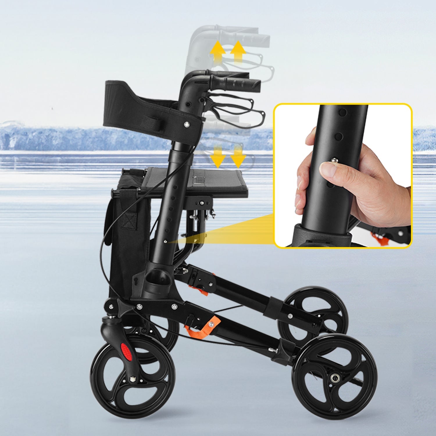 ByteTecpeak R1 Leichter faltbarer Rollator mit Sitz, höhenverstellbar, nur 8 kg, bis 100 kg belastbar, mit Einkaufstasche