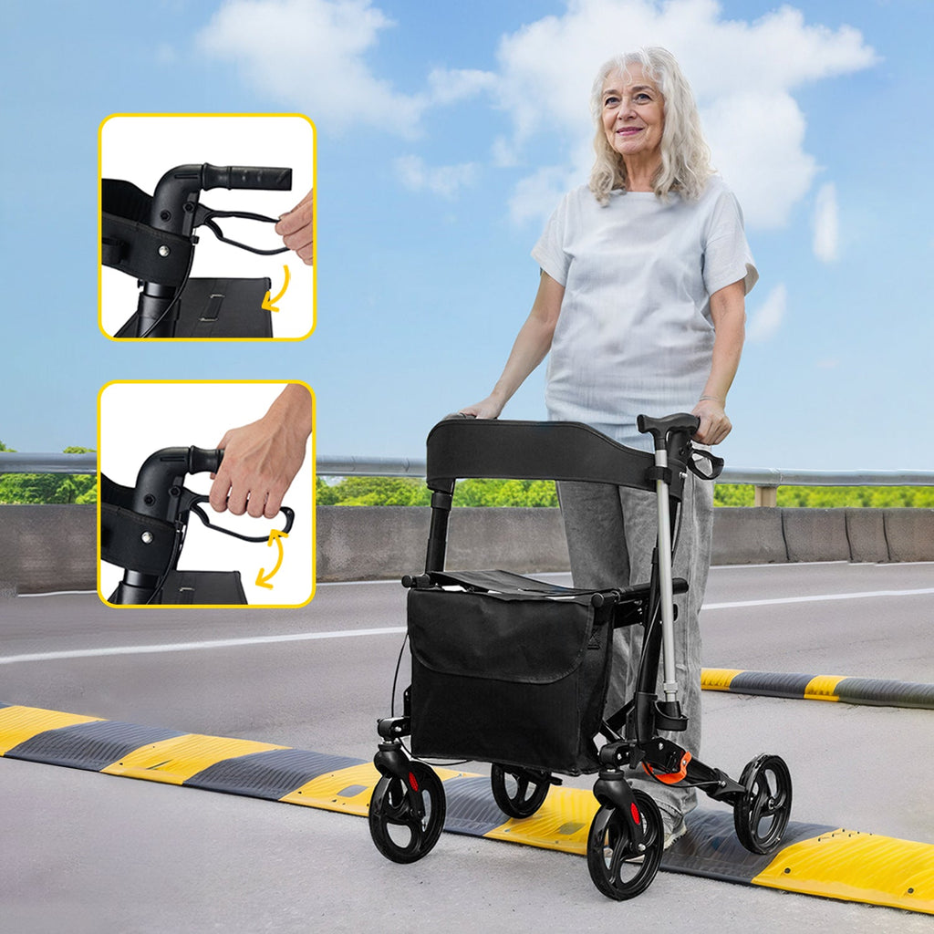 ByteTecpeak R1 Leichter faltbarer Rollator mit Sitz, höhenverstellbar, nur 8 kg, bis 100 kg belastbar, mit Einkaufstasche