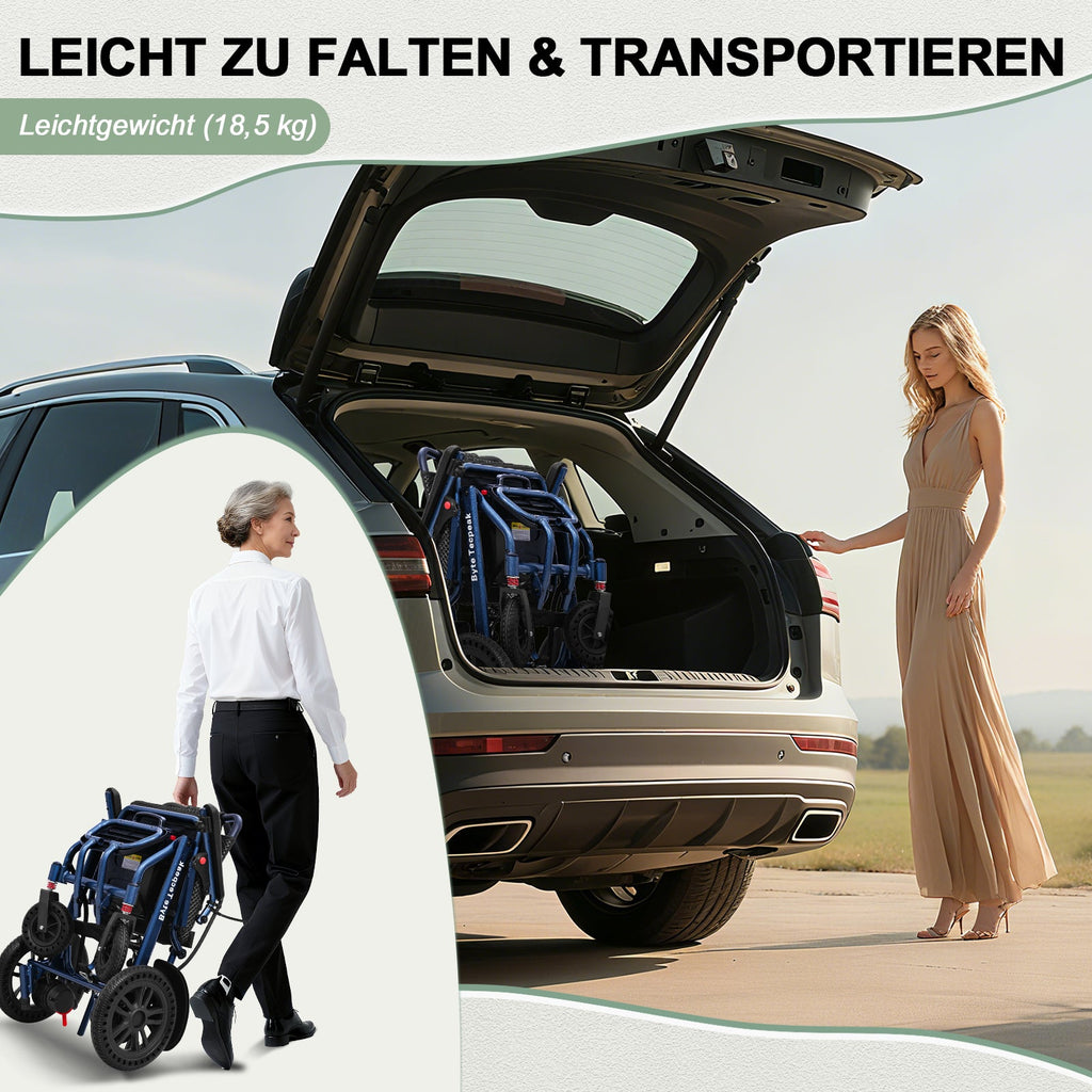 ByteTecpeak D14 Elektrorollstuhl – 18,5 kg, 500W, 12-Ah-Lithium-Akku, 150 kg Tragfähigkeit.