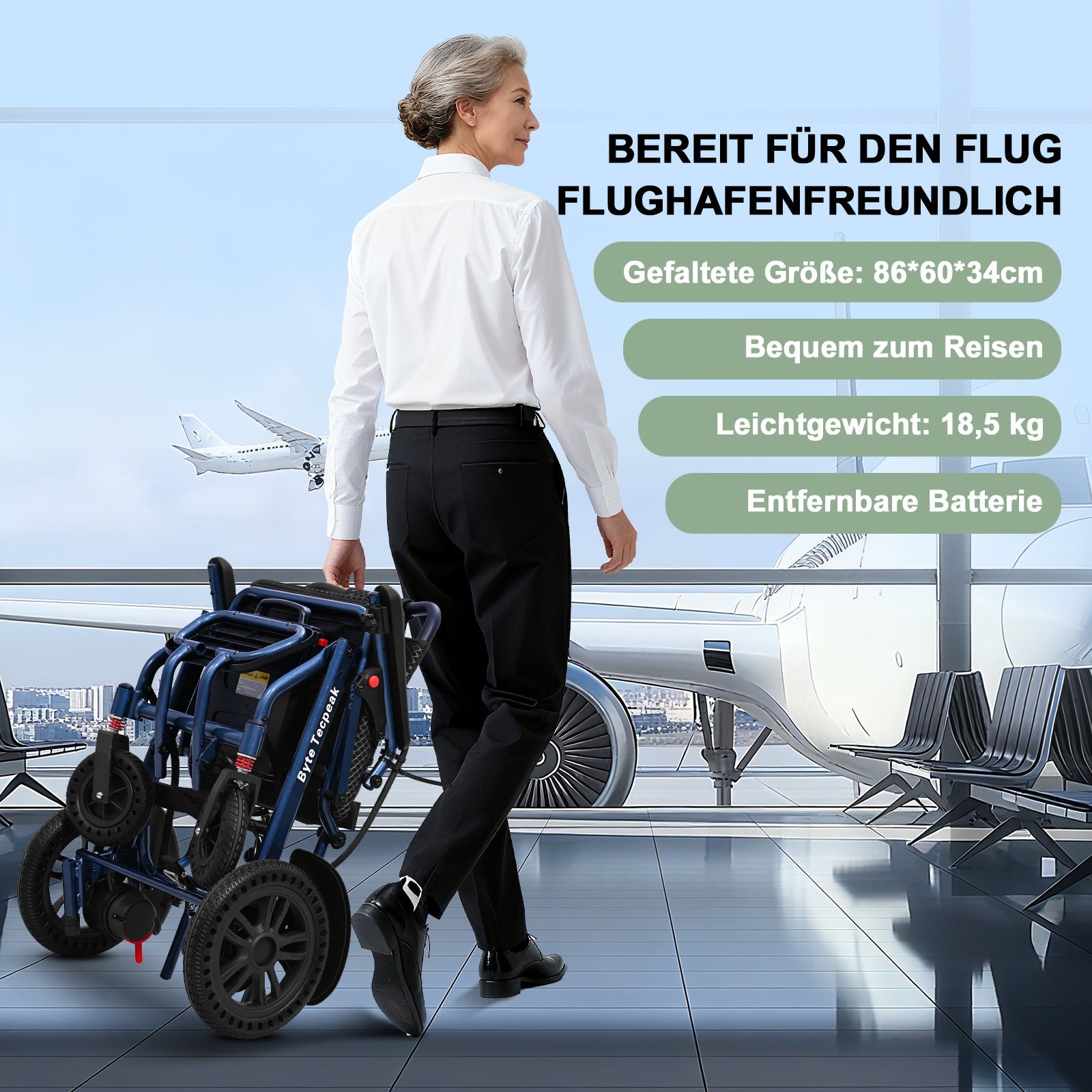 ByteTecpeak D14 Elektrorollstuhl – 18,5 kg, 500W, 12-Ah-Lithium-Akku, 150 kg Tragfähigkeit.